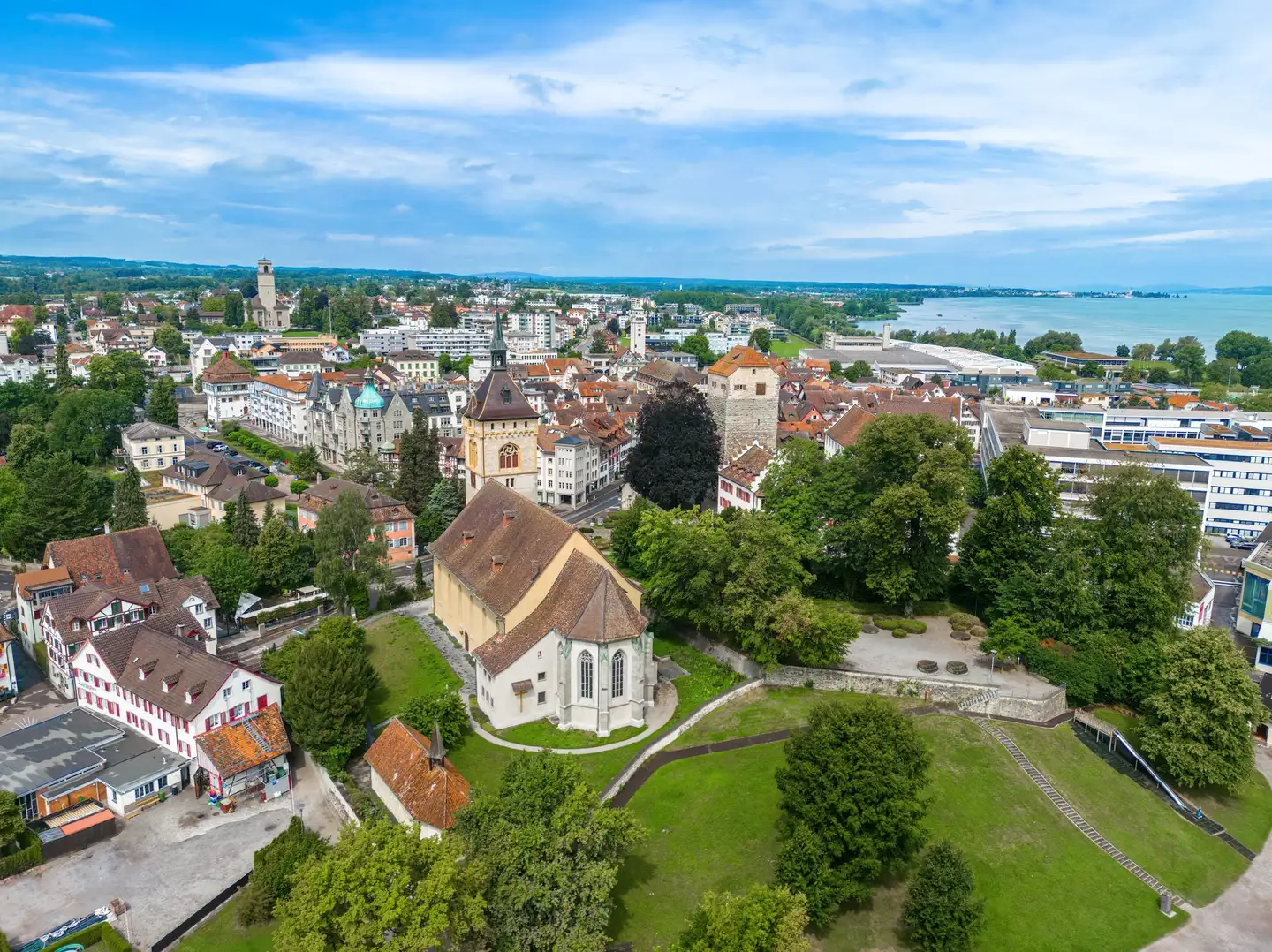 Aerial view of a Thurgau town on Lake Constance