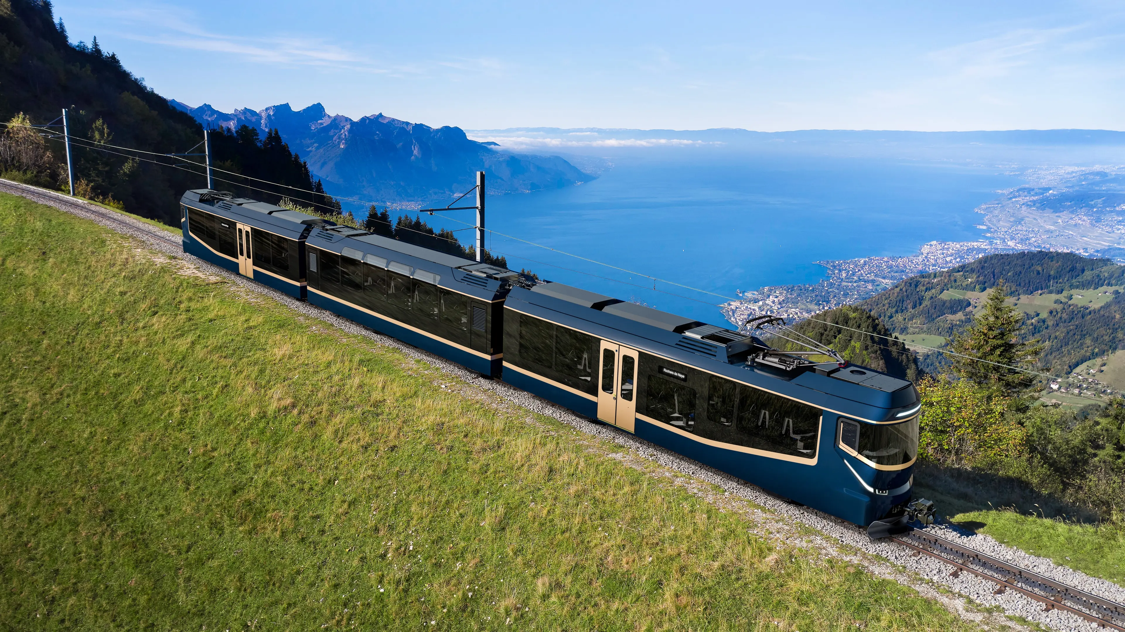 Schweizer Bahnfahrzeug in alpiner Landschaft